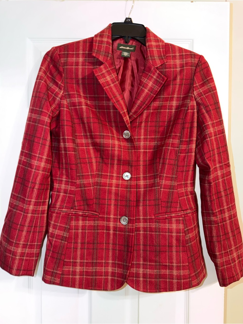 VTG 90s Eddie Bauer 100% Wool Plaid Blazer Jacket M Red Tartan